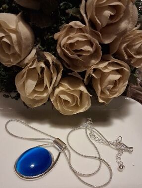 Silver Necklace with Bright Blue Oval Cats Eye Pendant 16-22" Adjustable
